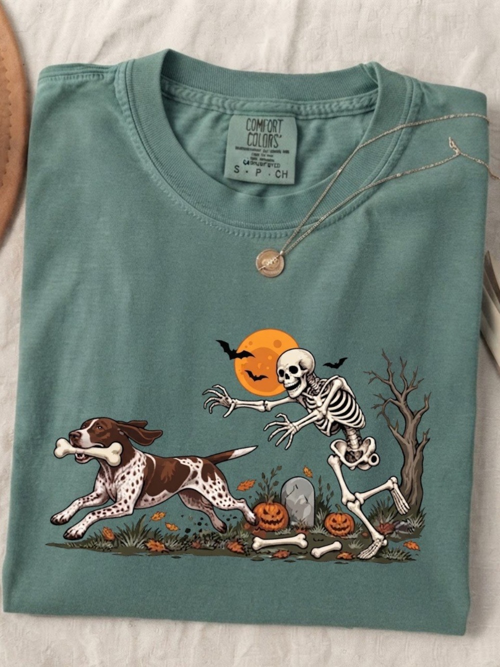 Skeleton Chasing Dog Halloween Moon Comfort Colors T-Shirt